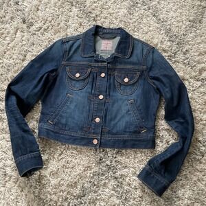 Old Navy Womens Dark Wash Denim Jacket Size M Cropped Button Front RN 54023